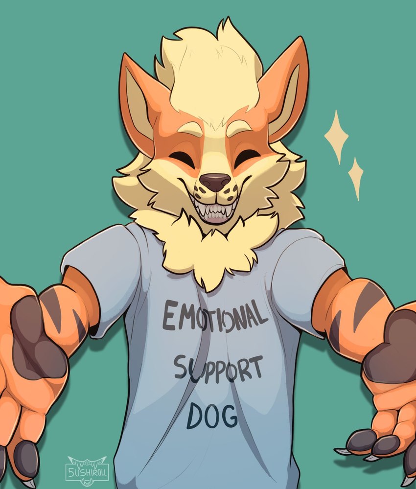 anthro anthrofied brown_nose clothed clothing eyes_closed fur green_background grin imminent_hug male neck_tuft orange_body orange_fur pawpads pokemorph reaching_towards_viewer shirt simple_background smile solo sparkles text text_on_clothing text_on_shirt text_on_topwear topwear tuft 5ushiroll nintendo pokemon alex_(sparkyfen) arcanine canid canine generation_1_pokemon mammal pokemon_(species) 2021 english_text hi_res