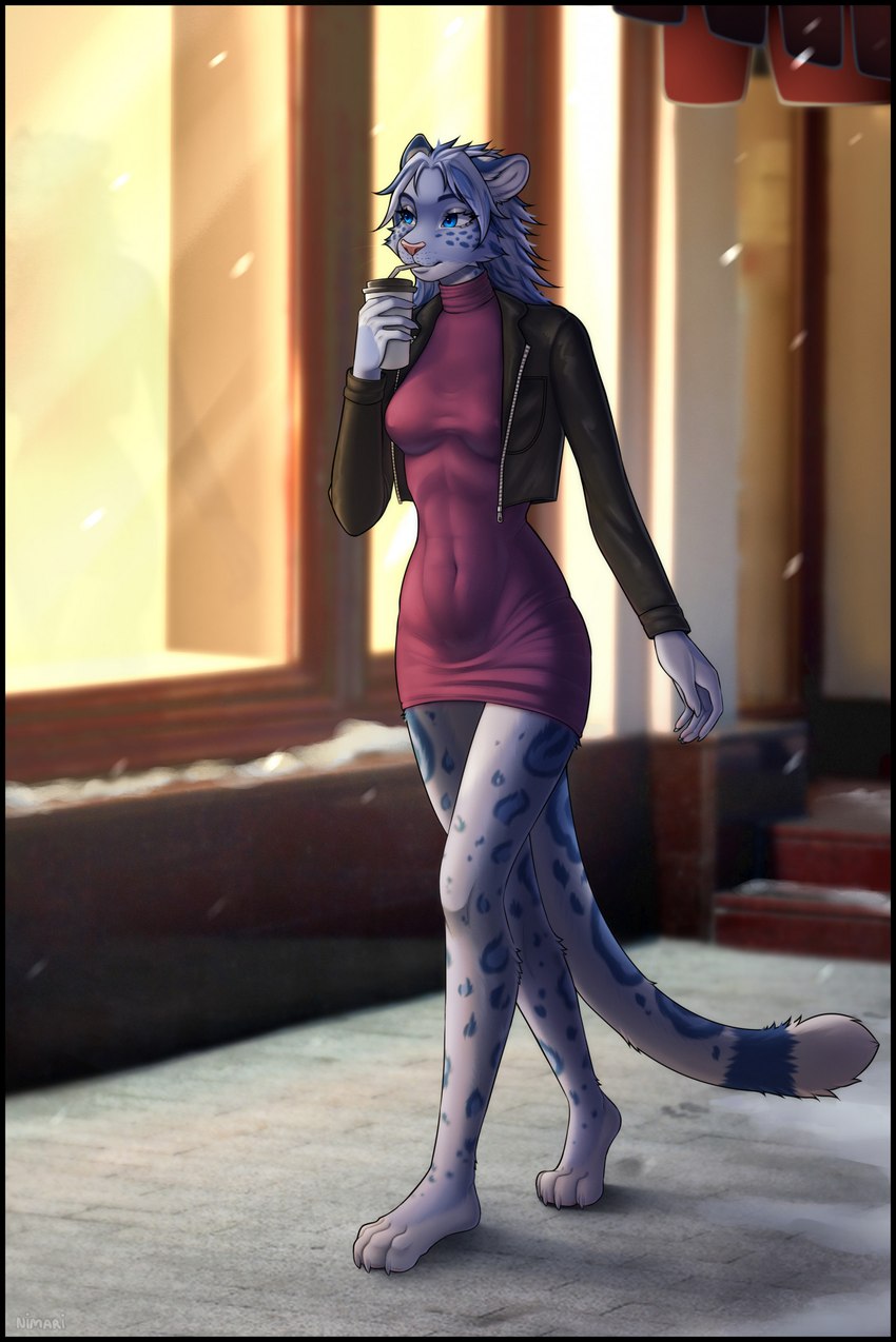 4_toes 5_fingers abs anthro asphalt barefoot bendy_straw beverage blue_body blue_eyes blue_fur blue_hair blue_spots breasts claws clothed clothing container cup detailed_background disposable_cup dress drinking drinking_straw feet female female_anthro fingers footprint form_fitting fur grey_body grey_fur grey_hair hair holding_beverage holding_disposable_cup holding_object inner_ear_fluff jacket leather leather_clothing leather_jacket leather_topwear navel_outline nipple_outline open_clothing open_jacket open_topwear outside pawprint purple_clothing purple_dress showcase snow snowing solo spots stairs sweater tail tight_clothing tight_dress toes topwear tuft turtleneck walking white_body white_claws white_fur window nimari microsoft the_elder_scrolls m'ria_(maks_hunt) felid khajiit mammal pantherine snow_leopard 2025 hi_res signature