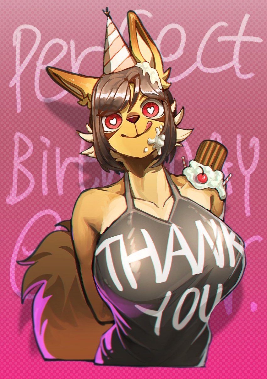 anthro background_text big_breasts biped black_clothing black_shirt black_topwear breasts brown_body brown_fur brown_hair candy candy_cane cheek_tuft cherry clothed clothed_anthro clothed_female clothing collarbone cupcake dessert dotted_background eyebrow_through_hair eyebrows facial_tuft female female_anthro fluffy fluffy_tail food fruit fur glistening glistening_clothing glistening_ears glistening_hair glistening_topwear hair hands_behind_back happy_birthday hat headgear headwear heart_eyes heart_symbol kemono licking licking_lips licking_own_lips looking_at_viewer party_hat pattern_background plant red_eyes self_lick shadow shirt simple_background sleeveless_shirt smile smiling_at_viewer solo tail text text_on_clothing text_on_topwear tongue tongue_out topwear translucent translucent_hair tuft kambo lenka_(janjin192) canid mammal 2021 digital_media_(artwork) english_description english_text half-length_portrait hi_res portrait