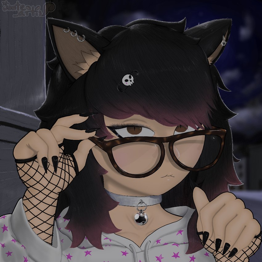 bell bell_collar blush brown_eyes choker collar colored_nails detailed_background eyewear female glasses glistening glistening_eyes highlights_(coloring) jewelry nailpolish nails necklace night piercing reflection skull_accessory sky solo jonte_artis fan_character domestic_cat felid feline felis humanoid mammal digital_media_(artwork)