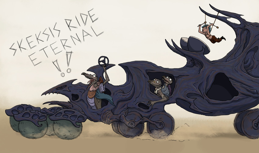 ambiguous_gender anthro blue_hair caricature carriage clothing desert drum group hair male musical_instrument percussion_instrument podling robe sand steering_wheel suspension text ramul dark_crystal_(movie) mad_max_fury_road the_dark_crystal humanoid skeksis crossover english_text hi_res