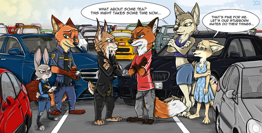 3_toes 4_fingers anthro blue_eyes car feet female fingers fur green_eyes grey_body grey_fur group male orange_body orange_fur parking police purple_eyes sand_fur text toes vehicle yellow_eyes ziegelzeig bad_guy_cafe disney zootopia aliya_sari_(readerno31142) arten_reichtum judy_hopps nick_wilde siljan_clawson silver_reichtum canid canine canis corsac_fox felid feline fox lagomorph leporid lynx mammal rabbit red_fox true_fox wolf english_text hi_res