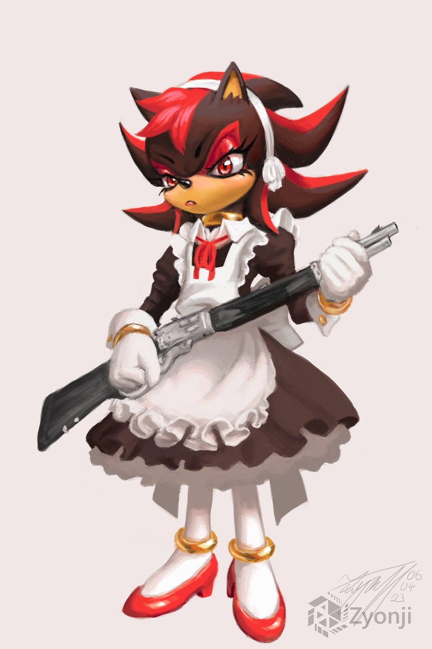 anthro black_body black_fur black_nose clothed clothing crossdressing dress eyelashes eyeshadow femboy footwear fur gloves gun handwear holding_gun holding_object holding_ranged_weapon holding_rifle holding_weapon maid_uniform makeup male ranged_weapon red_body red_eyes red_fur rifle shoes simple_background solo uniform weapon zyonji sega sonic_the_hedgehog_(series) shadow_the_hedgehog eulipotyphlan hedgehog mammal 2:3 hi_res