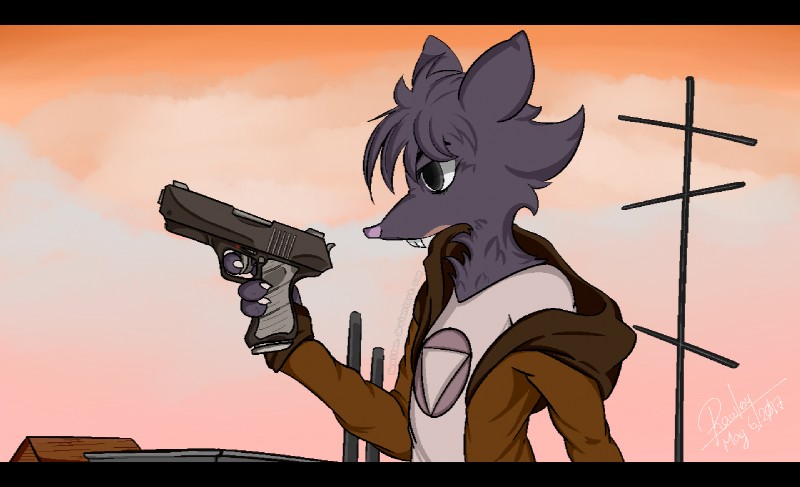 anthro bad_trigger_discipline black_bars buckteeth clothed clothing female fluffy grey_eyes gun handgun holding_gun holding_object holding_ranged_weapon holding_weapon hoodie pistol profile ranged_weapon rooftops solo teeth topwear weapon rawleynigoki night_in_the_woods lori_meyers mammal mouse murid murine rodent 2017 letterbox