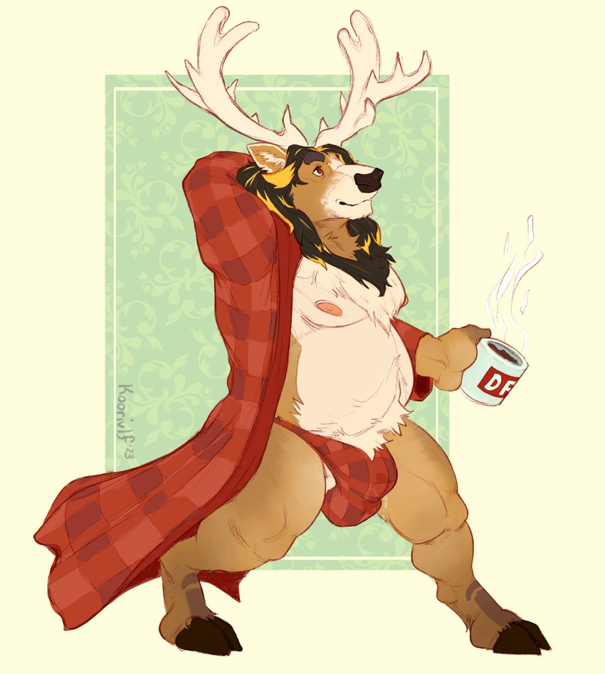 anthro antlers balls bathrobe beverage bodily_fluids body_hair brown_body brown_fur clothed clothing coffee coffee_mug fur genital_fluids genitals hair happy_trail hooves horn jockstrap_bulge male mostly_nude_male muscular nipples open_clothing open_robe plaid precum robe simple_background slightly_chubby smile solo steam thick_thighs koorivlf dafallen0ne deer mammal 2023 digital_media_(artwork) full-length_portrait portrait signature