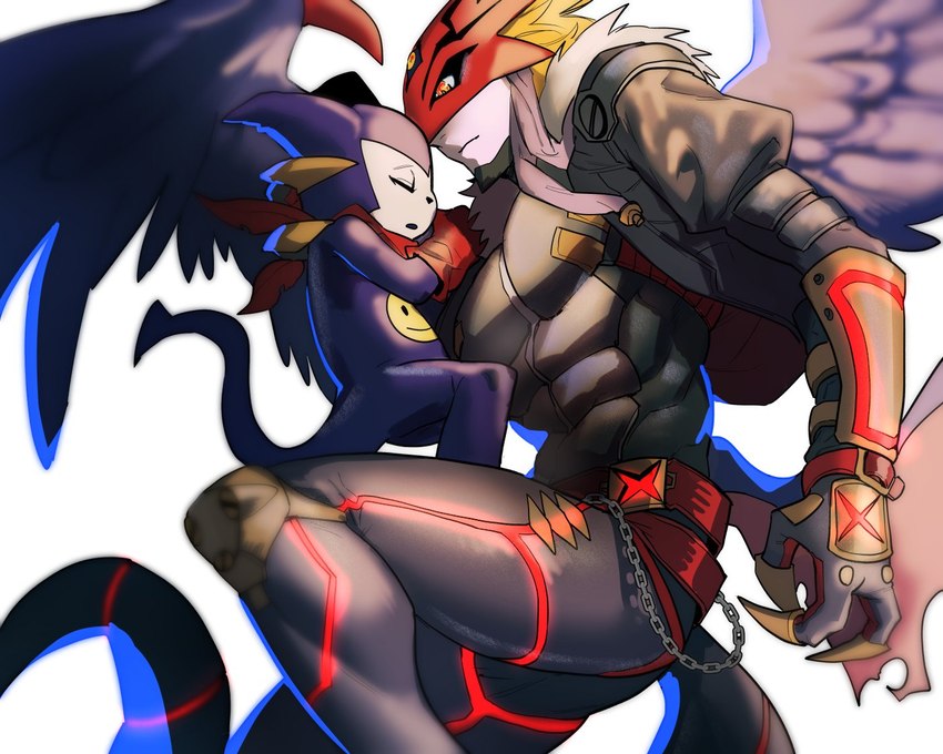 abs anthro blonde_hair claws clothing duo evolutionary_family eyes_closed gloves hair handwear hug hugging_another male mask muscular muscular_humanoid muscular_male purple_body red_eyes wings rode3434 bandai_namco digimon beelzemon digimon_(species) humanoid impmon 5:4