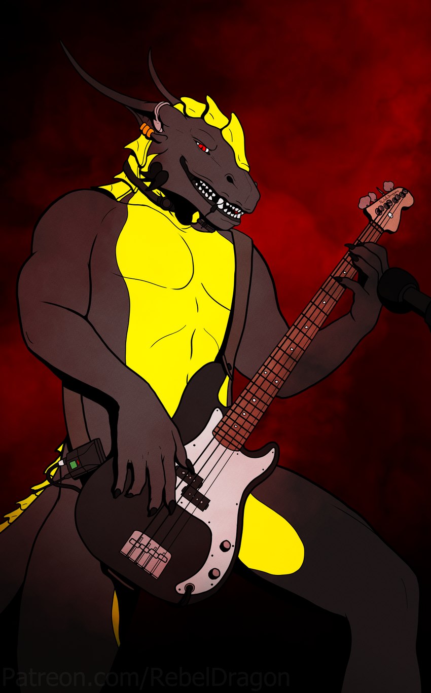 anthro bass_guitar bassist claws collar concert convenient_censorship electronics evil_face evil_grin evil_look fangs grin guitar headphones looking_at_viewer male microphone muscular muscular_anthro muscular_male musical_instrument nude open_mouth pecs plucked_string_instrument rock_out_with_your_cock_out rocking_out smile solo string_instrument tail teeth rebeldragon101 mythology ernesto_(rebeldragon101) dragon mythological_creature mythological_scalie scalie hi_res