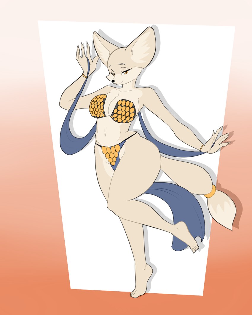 anthro belly_dancer breasts clothed clothing dancing feet female fur half-closed_eyes looking_at_viewer narrowed_eyes simple_background smile solo thick_thighs blackbetty canid canine fox mammal 4:5 digital_media_(artwork) hi_res