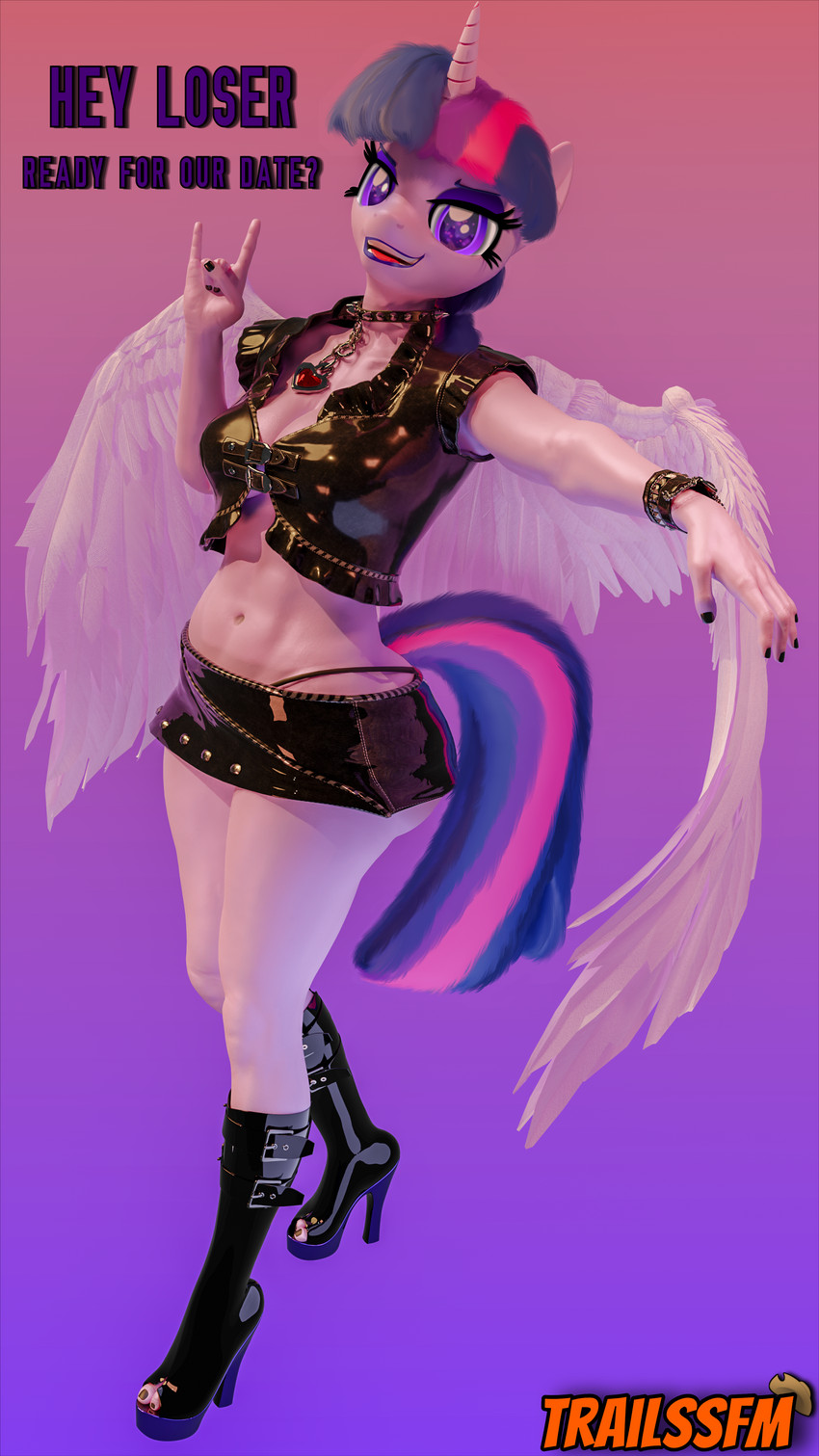 anthro anthrofied boots bottomwear breasts clothed clothing collar female footwear high_heeled_boots high_heels horn miniskirt purple_background shoes simple_background skirt solo spiked_collar spikes tail tail_over_skirt wings trailssfm friendship_is_magic hasbro my_little_pony mythology twilight_sparkle_(mlp) equid equine mammal mythological_creature mythological_equine winged_unicorn 3d_(artwork) 4k 9:16 absurd_res digital_media_(artwork) hi_res