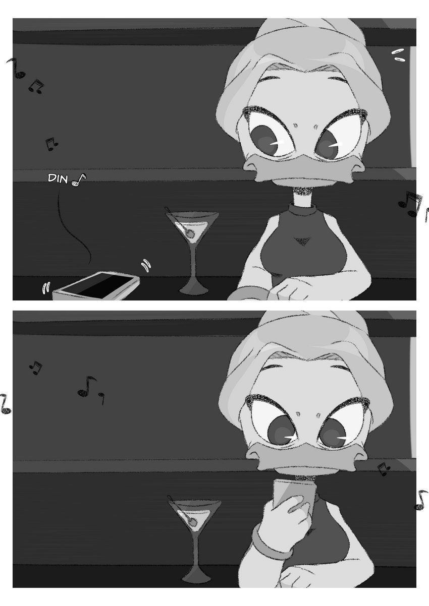 bar female furniture threek disney ducktales ducktales_(2017) goldie_o'gilt anatid anseriform avian bird duck absurd_res comic hi_res monochrome