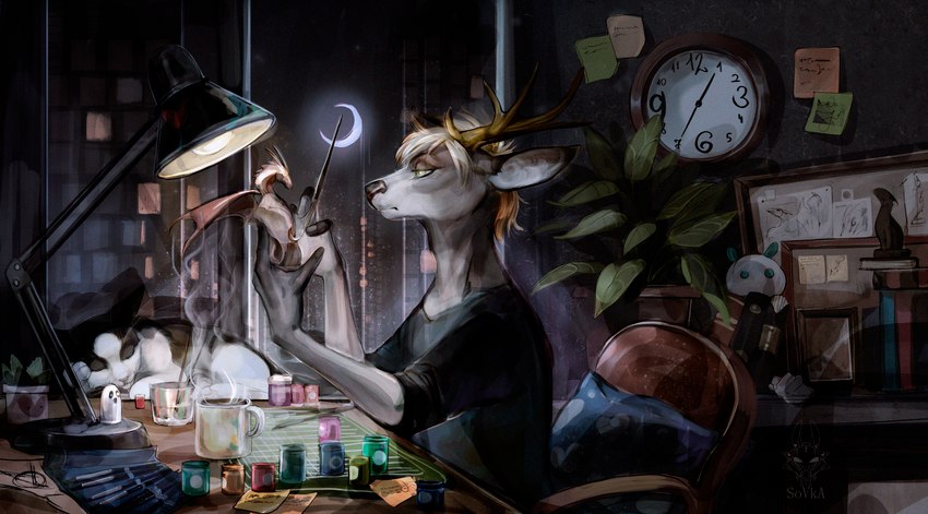 anthro artist book clock crescent_moon domestic_pet flower horn lamp male model moon night paints plant smoke solo watch drawing_sofa deer mammal absurd_res hi_res