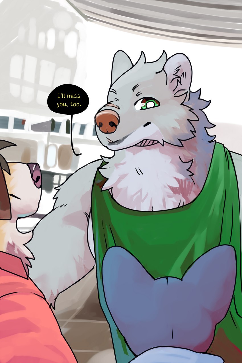 clothing dialogue green_eyes male scar bastriw fernando_(bastriw) nico_(bastriw) pato_(bastriw) canid canine canis domestic_cat domestic_dog felid feline felis mammal wolf comic hi_res