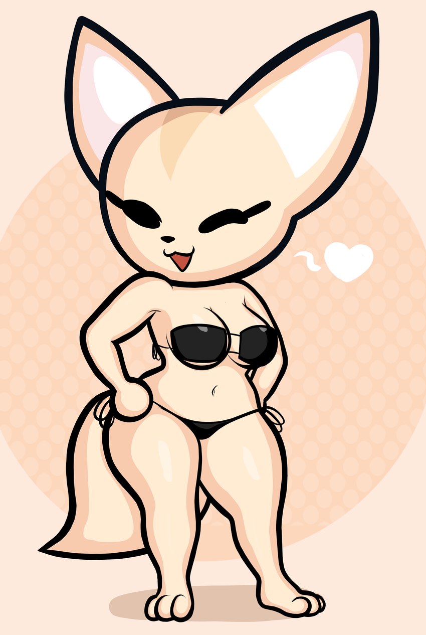 3_toes abstract_background anthro bikini clothing feet female heart_symbol navel one_eye_closed solo swimwear toes two-piece_swimsuit wink blackmore aggretsuko sanrio fenneko canid canine fennec_fox fox mammal true_fox absurd_res hi_res