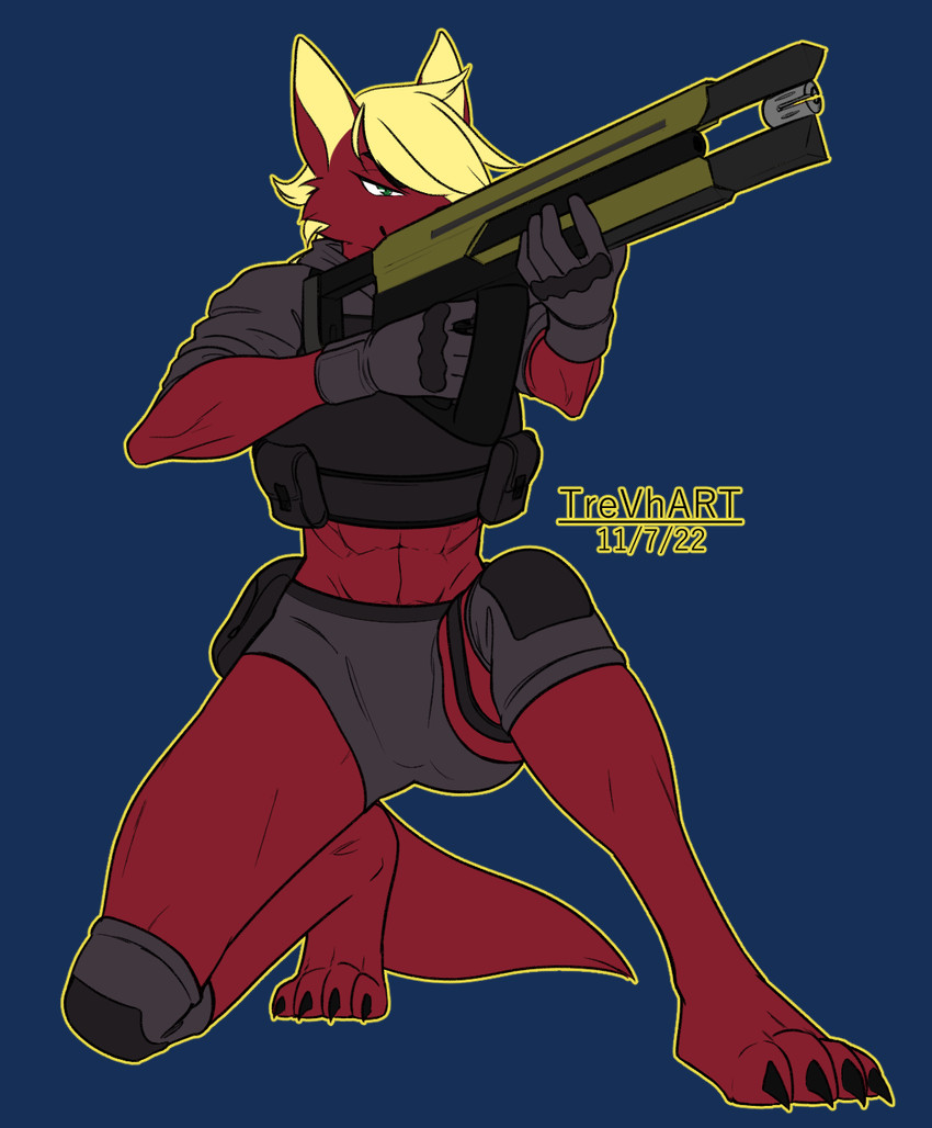 abs blonde_hair bottomwear claws clothing crop_top feet female fur gloves gun hair handwear hotpants knee_pads kneeling muscular muscular_female paws ranged_weapon red_body red_fur riding_crop shirt shorts tactical_wear topwear weapon whip trevhart mythology myka canid canine canis mammal mythological_canine mythological_creature werecanid werecanine werecreature werewolf wolf alpha_channel hi_res