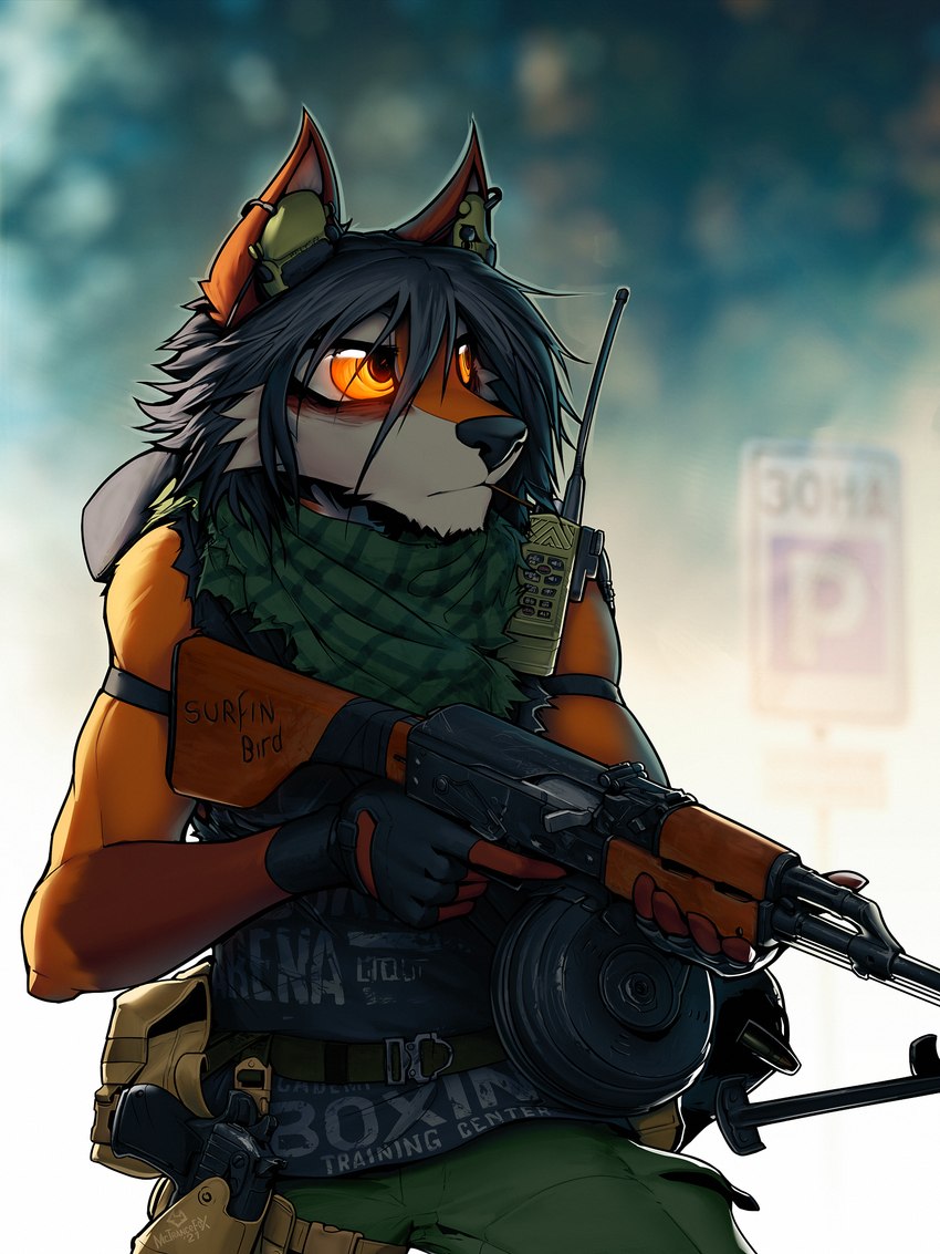 ak_platform antenna_wire anthro armband assault_rifle athletic athletic_anthro athletic_male backpack bipod biting_on_toothpick black_hair blurred_background bokeh brown_body brown_fur clothed clothing desert_eagle drum_magazine electronics fur furgonomics glowing glowing_eyes gun hair handgun headphones holster male military orange_body orange_eyes orange_fur pistol radio ranged_weapon rifle rpk scarf short_hair sidearm sign solo toothpick topwear vest weapon macmegagerc mac_(macmegagerc) canid canine fox mammal 3:4 hi_res