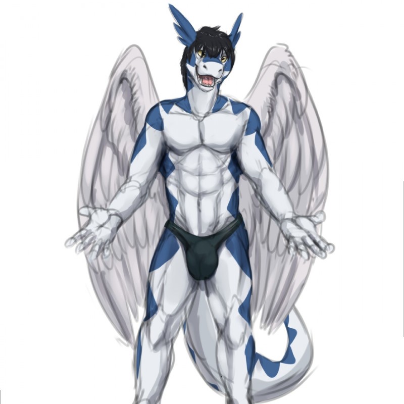 anthro bulge clothed clothing detailed_bulge feathered_wings feathers genital_outline looking_at_viewer male penis_outline smile solo tail topless wings mintyderg mythology clei dragon feathered_dragon feathered_scalie mythological_creature mythological_scalie scalie windragon 1:1 hi_res