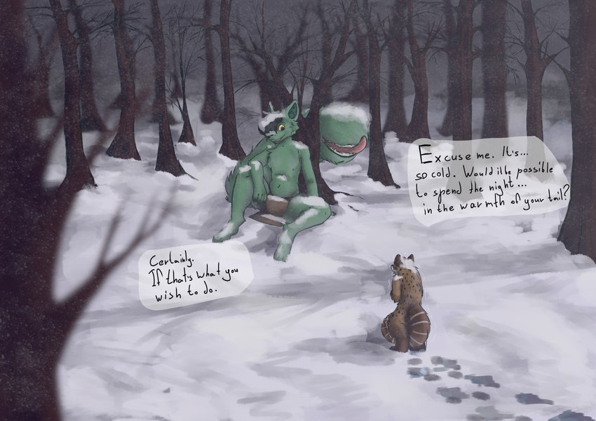 anthro bubble cold dialogue duo fur green_body green_fur green_hair green_tail green_wolf hair imminent_vore male male/male open_mouth plant public snuff speech_bubble tail tail_mouth text tree unusual_anatomy unusual_tail winter tafy_tail tafy canid canine canis mammal wolf absurd_res comic english_text hi_res