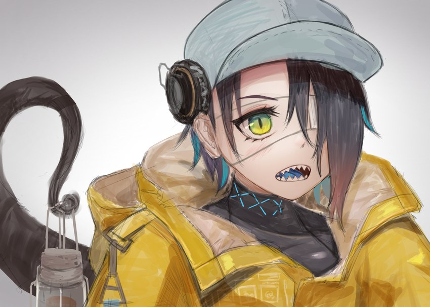 baseball_cap black_hair blue_hair blue_tongue blush clothing electronics eye_patch eyelashes eyewear female green_eyes hair hair_over_eye hat headgear headphones headwear highlights_(coloring) jacket lamp lantern multicolored_hair open_mouth prehensile_tail pupils sharp_teeth slit_pupils solo tail teeth tongue topwear magnistr1 arknights hypergryph studio_montagne asbestos_(arknights) amphibian amphibian_humanoid animal_humanoid humanoid salamander_humanoid tailed_humanoid 2021 absurd_res hi_res