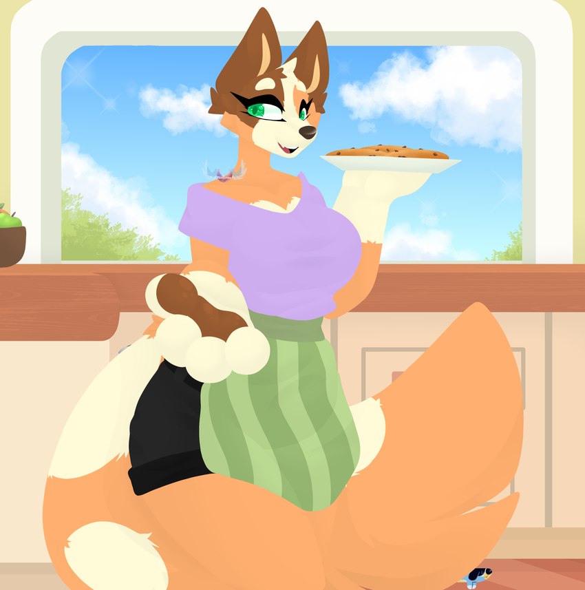 apple apron big_tail brown_body brown_fur cheek_tuft clothing cookie facial_tuft female fluffy fluffy_tail food fruit fur head_tuft kitchen looking_at_viewer orange_body orange_fur pawpads paws plant plate shrub sky smile smiling_at_viewer solo tail tan_body tan_fur teeth thick_thighs tongue tuft tsukipaw bluey_(series) chilli_heeler australian_cattle_dog canid canine canis cattledog domestic_dog herding_dog mammal pastoral_dog absurd_res hi_res portrait three-quarter_portrait