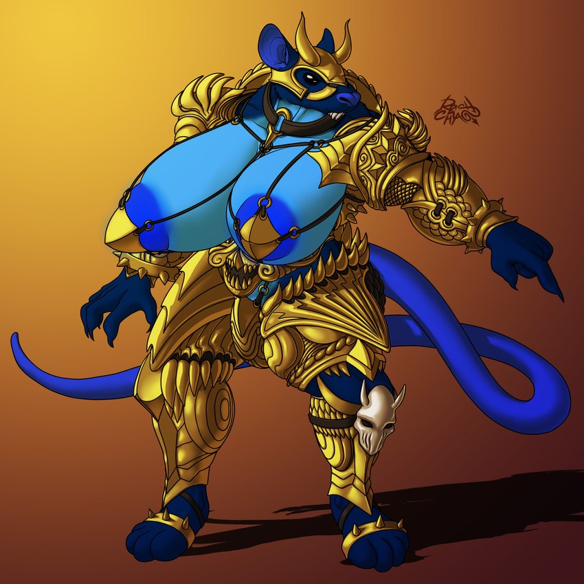 anthro areola armor belt big_areola big_breasts black_eyes black_sclera blue_body blue_fur blue_nails blue_tail bone breasts brown_background brown_clothing clothed clothing colored_nails female fur gesture gold_(metal) gold_armor gradient_background hand_gesture headgear helmet horn huge_areola huge_breasts jewelry long_tail nails necklace outline paws pointing shadow sharp_nails sharp_spikes sharp_teeth simple_background skull solo spikes standing tail teeth yellow_armor yellow_background rashchaos mammal murid murine rat rodent 1:1 absurd_res digital_media_(artwork) hi_res signature