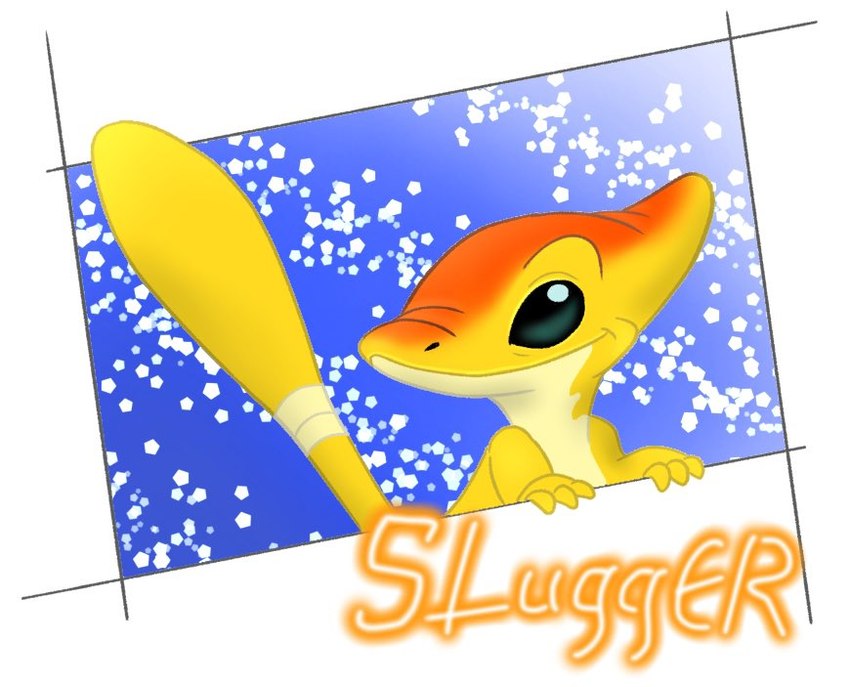 3_fingers autograph black_eyes blue_background character_signature fingers simple_background smile solo text white_background yellow_body mayoooon_626 disney lilo_and_stitch slugger_(lilo_and_stitch) alien experiment_(lilo_and_stitch) 2021 english_text