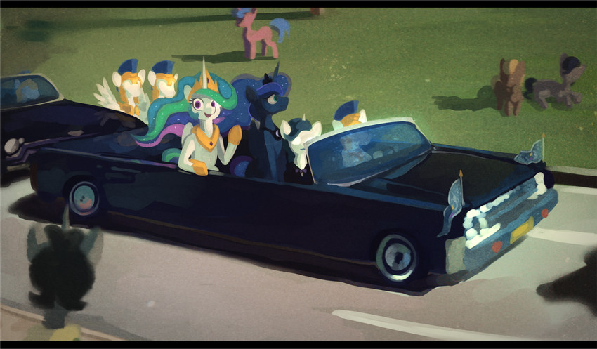 car convertible day detailed_background female feral grass group horn imminent_death inside_car inside_vehicle male motor_vehicle outside plant politics vehicle wings marsminer friendship_is_magic hasbro jfk_assassination my_little_pony mythology princess_celestia_(mlp) princess_luna_(mlp) royal_guard_(mlp) earth_pony equid equine horse mammal mythological_creature mythological_equine pegasus pony unicorn winged_unicorn 2020 digital_media_(artwork) digital_painting_(artwork) hi_res redraw