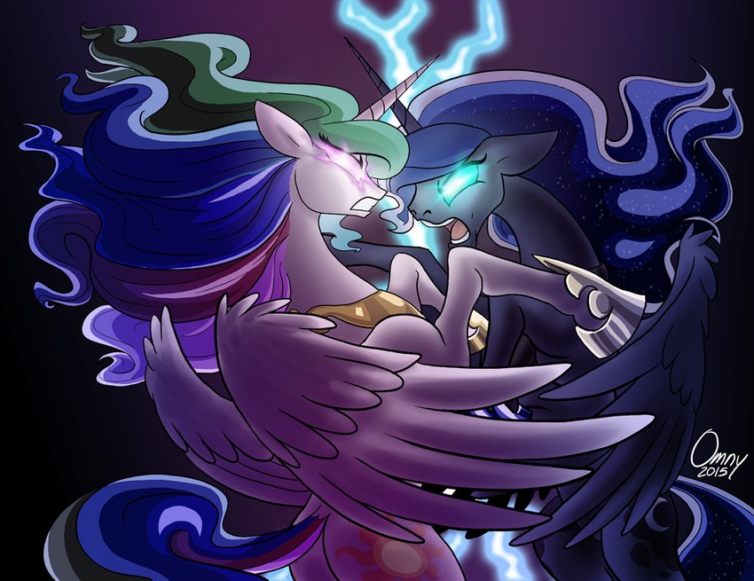 blue_body blue_feathers duo feathered_wings feathers female feral glowing glowing_eyes horn wings omny87 friendship_is_magic hasbro my_little_pony mythology princess_celestia_(mlp) princess_luna_(mlp) equid equine mammal mythological_creature mythological_equine winged_unicorn 2015 sibling_(lore) sister_(lore) sisters_(lore)