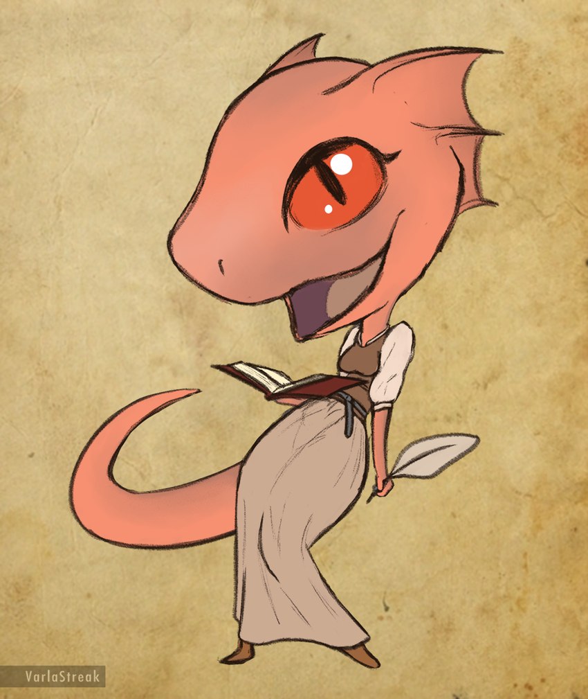 anthro book chibi clothed clothing female fin fin_hair fully_clothed holding_book holding_object looking_at_viewer loose_feather open_mouth orange_eyes pseudo_hair quill red_body simple_background solo standing varlastreak bethesda_game_studios microsoft oblivion the_elder_scrolls quill-weave argonian scalie hi_res