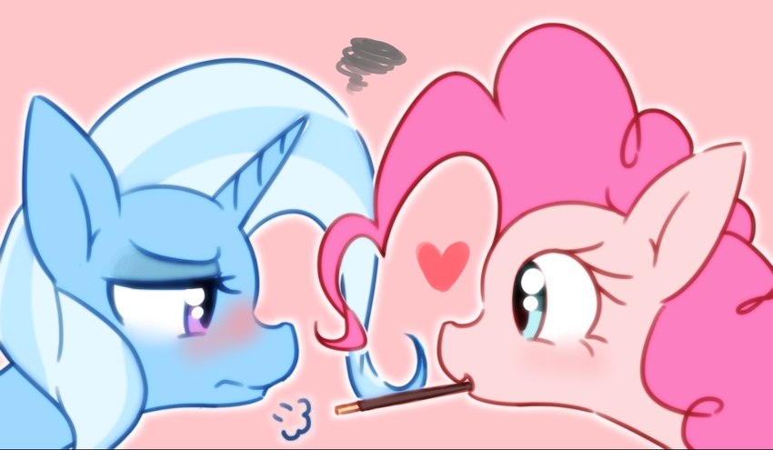 blue_body blue_line_art duo female female/female feral food heart_symbol horn pink_body pink_line_art pocky_in_mouth simple_background akainu7 friendship_is_magic hasbro my_little_pony mythology pocky pinkie_pie_(mlp) trixie_(mlp) equid equine horse mammal mythological_creature mythological_equine pony unicorn colored_line_art digital_media_(artwork) hi_res