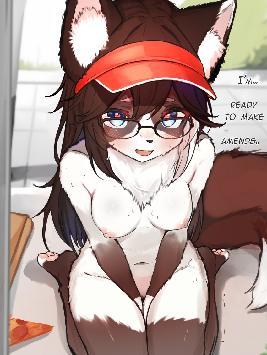 anthro areola barely_visible_genitalia barely_visible_pussy blue_eyes blush blush_lines breasts clothing container delivery_(commerce) delivery_employee detailed_background dipstick_tail eyewear female fluffy fluffy_tail food fur genitals hair hat headgear headwear inner_ear_fluff kemono long_hair looking_at_viewer markings multicolored_body multicolored_fur nipples nude open_mouth paws pizza pizza_box pussy sitting solo tail tail_markings text tuft lilkon domestic_cat felid feline felis mammal absurd_res english_text hi_res