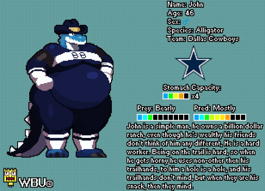 anthro belly big_belly bloated blue_body claws clothed clothing cowboy cowboy_hat gloves handwear hat headgear headwear logo male moobs overweight overweight_anthro overweight_male simple_background solo star tail text wbu dallas_cowboys nfl john_(wbu) alligator alligatorid crocodilian reptile scalie character_name digital_media_(artwork) english_text model_sheet pixel_(artwork)