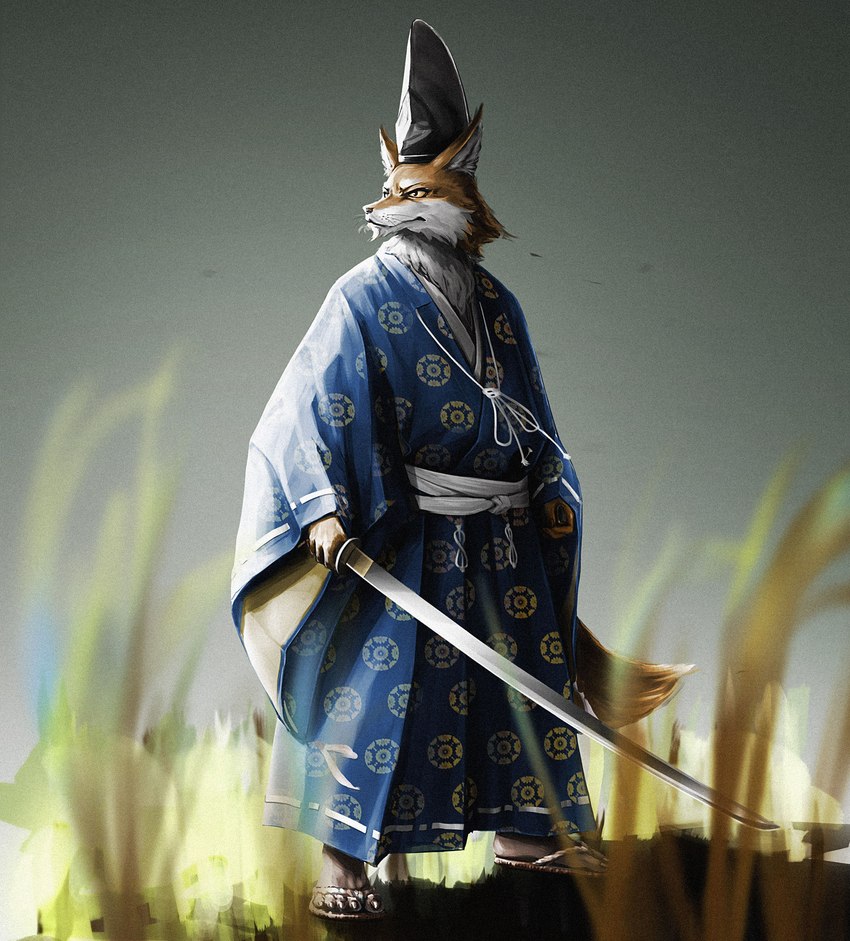 anthro asian_clothing clothed clothing east_asian_clothing field field_background footwear hat headgear headwear holding_melee_weapon holding_object holding_sword holding_weapon japanese_clothing japanese_sword kimono looking_away looking_offscreen male melee_weapon nature nature_background outside plant pose samurai sandals shoes solo standing sword warrior weapon yellow_eyes 8aaccoo canid canine fox mammal absurd_res hi_res