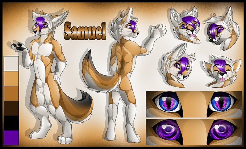 animal_genitalia anthro balls biped black_border border fully_sheathed fur genitals looking_at_viewer male nude open_mouth sheath simple_background smile solo standing text tongue tongue_out gard3r canid canine fox mammal samuel_(disambiguation) english_text model_sheet multiple_images