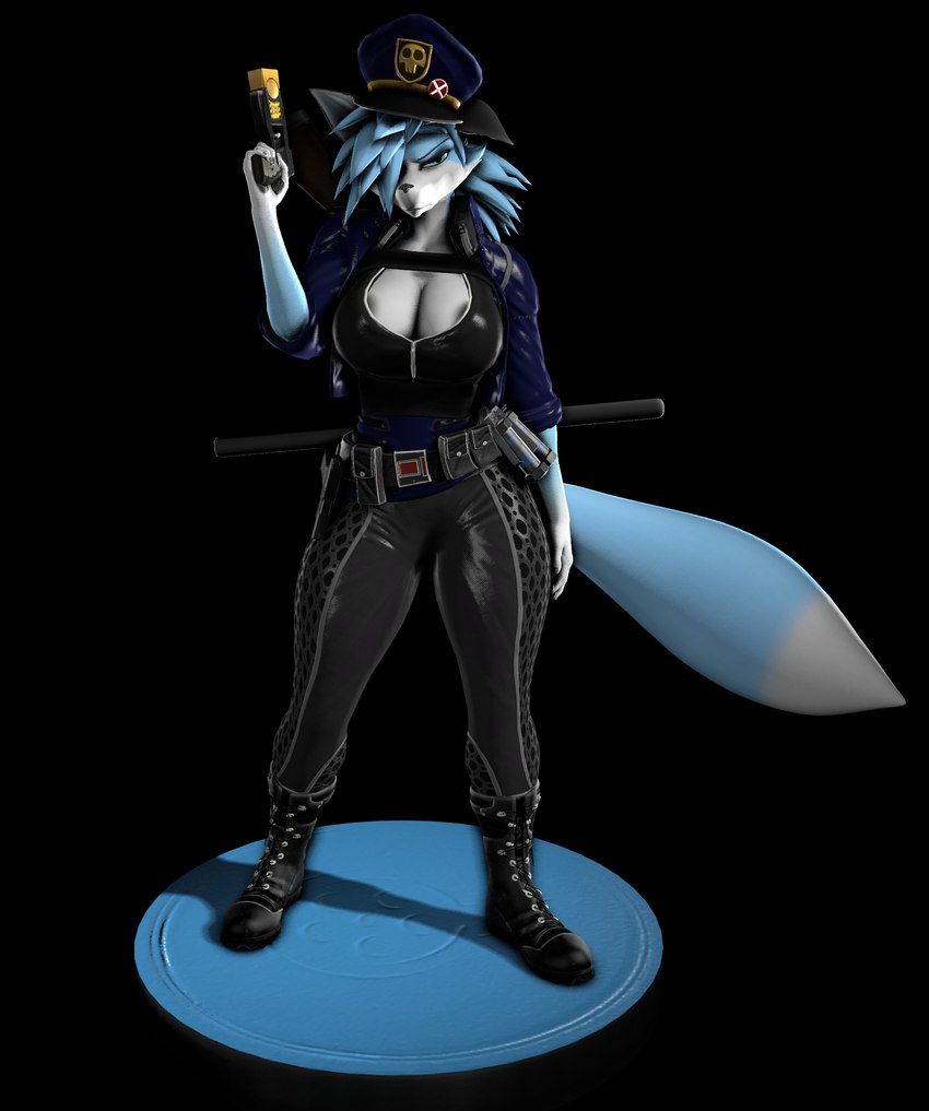 anthro areola belt blue_body blue_eyes blue_fur clothed clothing club_(weapon) cop_hat ears_down ears_up electroshock_weapon female fur glock_17 hair hat headgear headwear melee_weapon nightstick pivoted_ears police police_uniform solo stun_gun tail taser uniform weapon white_body white_fur joelsfm warfare_machine kara_(joelsfm) canid canine fox mammal 3d_(artwork) digital_media_(artwork) hi_res source_filmmaker_(artwork)