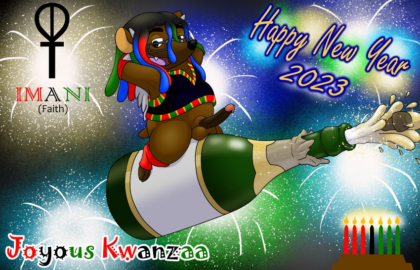 alcohol anthro balls beverage bottomless candle champagne clothed clothing dreadlocks erection eyewear fireworks genitals glasses holidays legwear male penis solo stockings topwear topwear_only amateurcooper kwanzaa new_year new_year_2023 amateurcooper_(character) eulipotyphlan hedgehog mammal hi_res