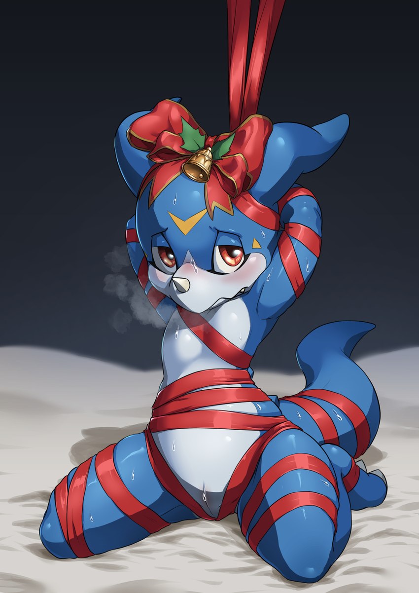 animal_genitalia anthro blue_tail blush bodily_fluids genital_slit genitals holidays kneeling solo spread_legs spreading sweat tail voidtails bandai_namco christmas digimon digimon_(species) scalie veemon 2023 hi_res