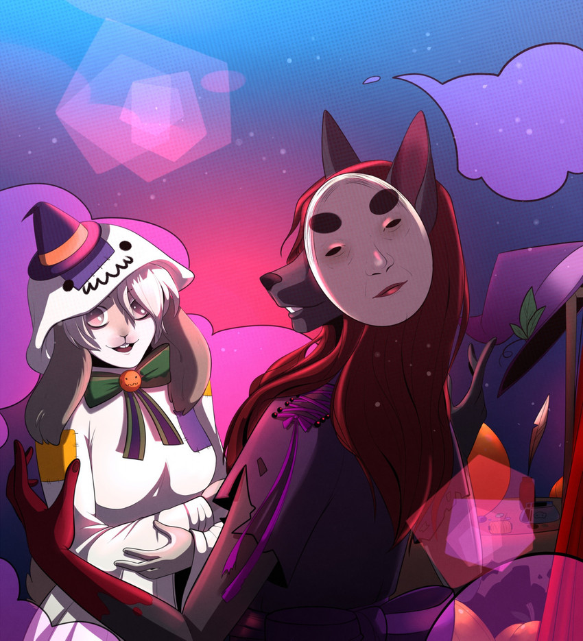 anthro clothing cloud duo female hair hairless holidays long_hair male mask red_hair suit white_hair lusinka halloween canid canine canis domestic_dog lagomorph leporid mammal rabbit artist_collaboration hi_res