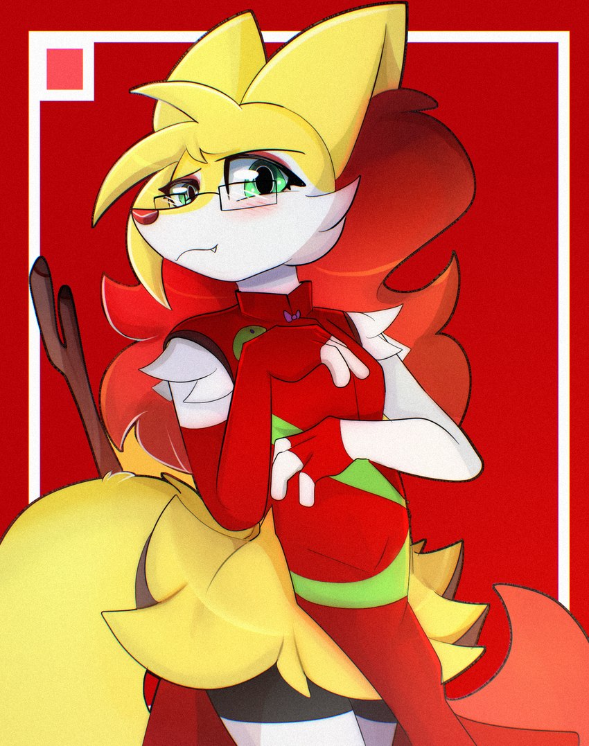 anthro asian_clothing chinese_clothing clothing east_asian_clothing eyewear female fur glasses green_eyes legwear long_inner_ear_fluff solo stockings yellow_body yellow_fur kitsunekotaro nintendo pokemon braixen canid generation_6_pokemon mammal pokemon_(species) hi_res