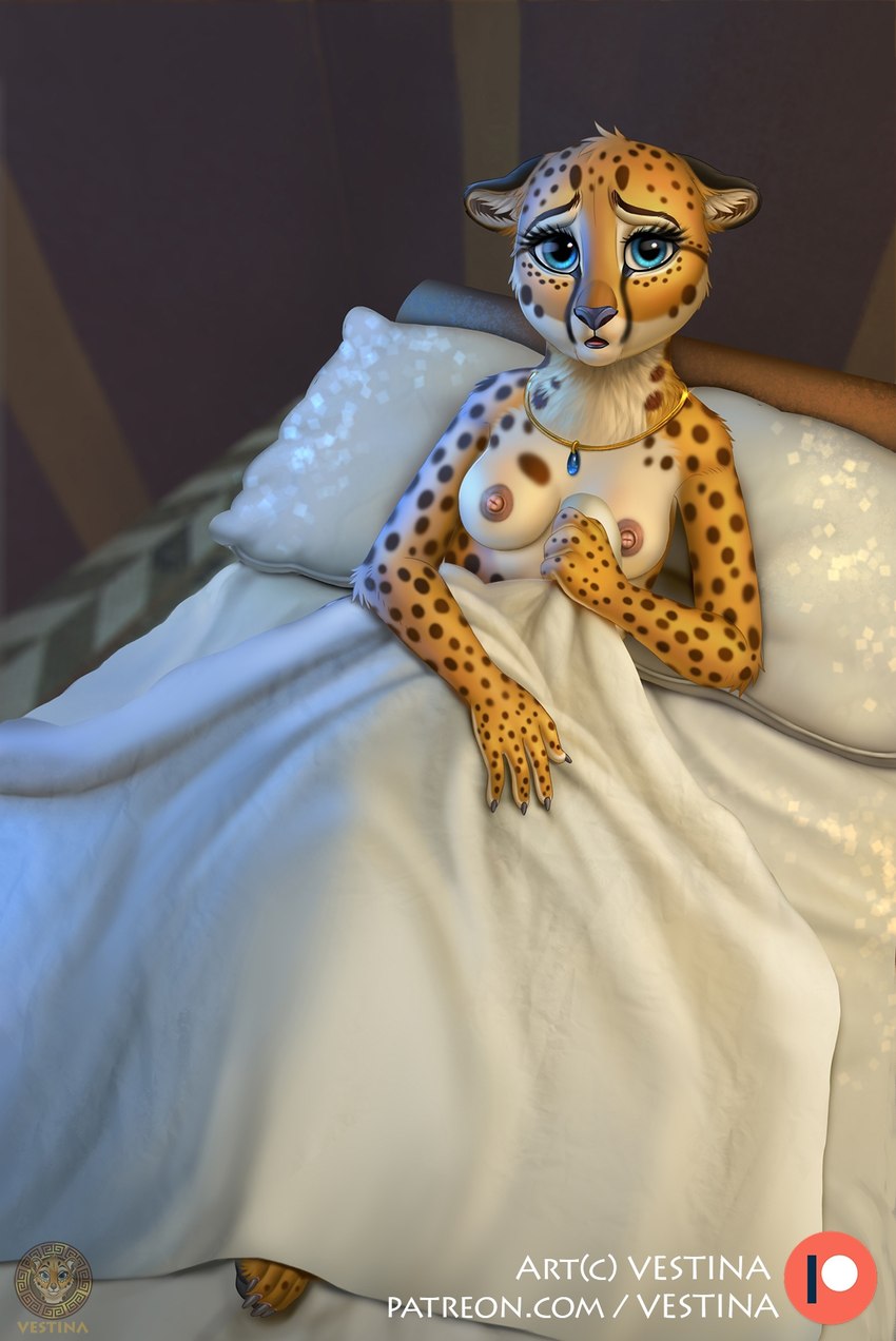 4_fingers 4_toes anthro areola armlet bed bed_sheet bedding bedroom black_nose blue_eyes breasts brown_areola claws clothed clothing countershading digitigrade ears_down eyelashes feet female finger_claws fingers fur furniture gem gold_(metal) gold_jewelry hindpaw humanoid_hands inner_ear_fluff inside jewelry looking_at_viewer lying markings multicolored_body multicolored_fur necklace nipples on_bed open_mouth orange_body orange_fur pawpads paws pillow pivoted_ears scared simple_background solo spots spotted_body spotted_fur text toe_claws toes topless tuft two_tone_body two_tone_fur white_body white_fur yellow_body yellow_fur vestina the_feast_of_nero julia_(vestina) cheetah felid feline mammal 2023 hi_res signature url