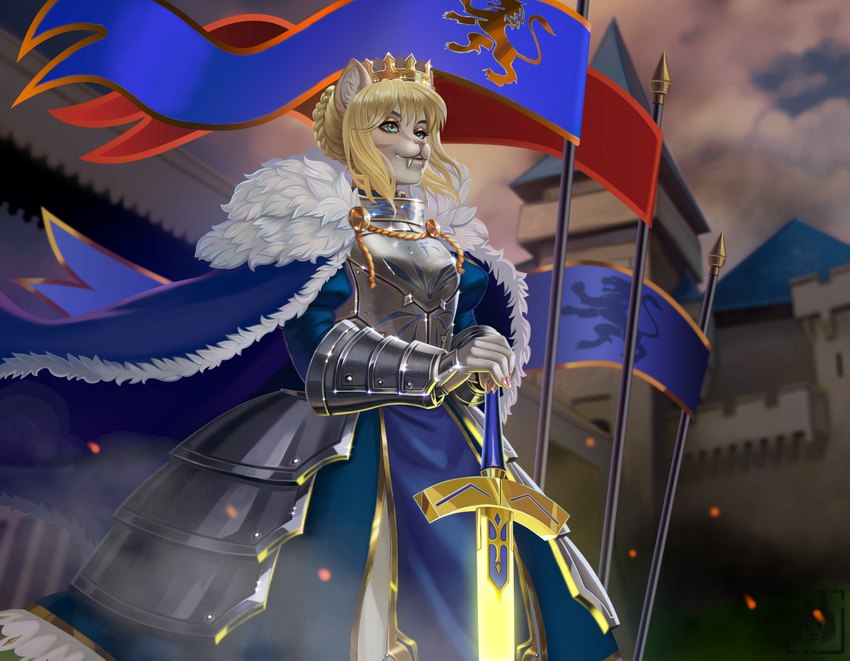 anthro armor banderole blonde_hair castle female finial flag flag_(object) flagpole hair melee_weapon outside solo sword weapon yurai fate_(series) type-moon artoria_pendragon felid mammal