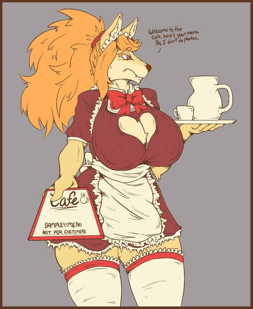 accessory alternate_costume anthro apron big_breasts biped border bow_(feature) bow_accessory breasts brown_border brown_nose cleavage_cutout clothed clothing container cup cutout dress female female_anthro fingers front_view fully_clothed fur grey_background hair hair_accessory heart_cutout holding_object holding_tray huge_breasts humanoid_hands jug legwear long_hair looking_away maid_uniform menu monotone_hair multicolored_body multicolored_fur neck_bow nipple_outline orange_hair pink_eyes ponytail red_bow red_clothing red_dress scrunchie serving_tray simple_background snaggle_tooth snout solo standing stockings tan_body tan_fur text thick_thighs thigh_highs two_tone_body two_tone_fur uniform waiter white_apron white_clothing white_legwear white_thigh_highs wide_hips yellow_body yellow_ears yellow_fur yellow_inner_ear signirsol undertale_(series) undertale_yellow ceroba_ketsukane canid canine fox mammal monster 2023 colored digital_media_(artwork) english_text hi_res portrait three-quarter_portrait