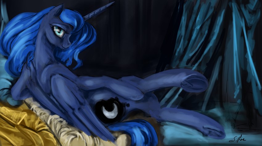 bedding blanket blue_hair curtains cutie_mark detailed_background divan female feral hair hooves horn inside looking_at_viewer lying odalisque on_side pillow pose solo wings silfoe friendship_is_magic grande_odalisque hasbro my_little_pony mythology princess_luna_(mlp) equid equine mammal mythological_creature mythological_equine winged_unicorn inspired_by_formal_art signature