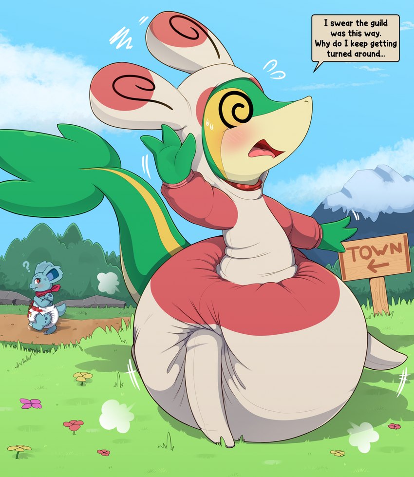 ambiguous_gender anthro big_diaper blue_body blue_sky blush clothed clothing cloud diaper diaper_under_clothing duo grass green_body kerchief neckerchief neckwear onesie open_mouth outside plant pokemon_onesie red_eyes red_kerchief red_neckerchief red_onesie shrub side_view sky spiral_eyes standing tan_onesie text three-quarter_view topless yellow_body young young_ambiguous young_anthro bunnykisses nintendo pokemon rina_(bunnykisses) generation_1_pokemon generation_5_pokemon nidorina pokemon_(species) snivy english_text hi_res