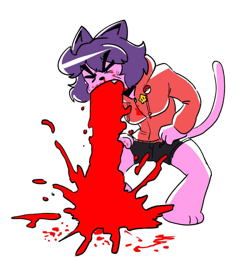 anthro barefoot blood blood_from_mouth blood_in_mouth bodily_fluids bottomwear clothed clothing crouching cute_fangs eyes_closed fangs feet female fur hair hoodie pink_body pink_fur purple_hair short_hair shorts simple_background solo teeth topwear vomiting white_background anaugi penny_(anaugi) domestic_cat felid feline felis mammal filth 2020 hi_res