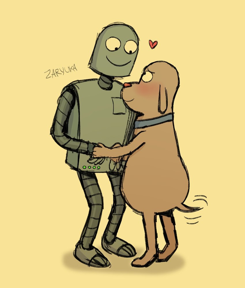 anthro blush brown_body brown_fur collar duo floppy_ears fur hand_holding machine male male/male zaryukart robot_dreams dog_(robot_dreams) robot_(robot_dreams) canid canine canis domestic_dog mammal robot hi_res