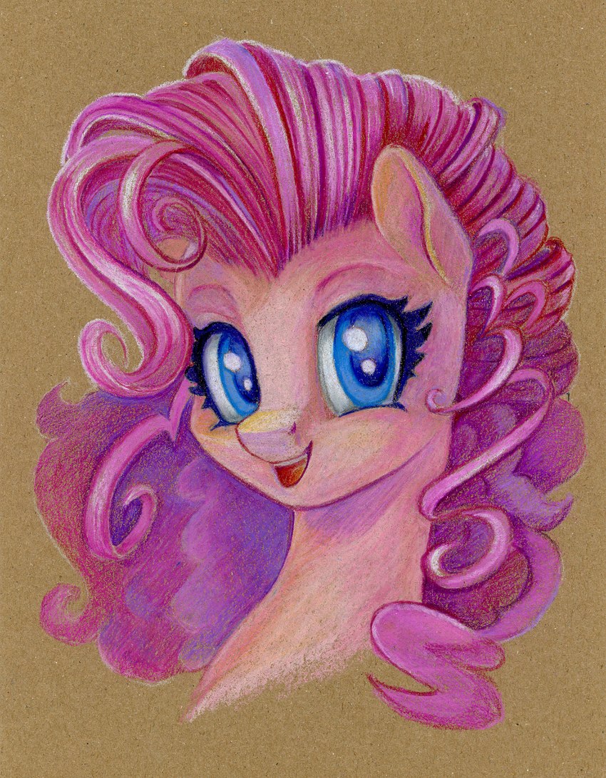 blue_eyes brown_background eyelashes female feral fur hair horn looking_at_viewer pink_body pink_fur pink_hair simple_background smile solo three-quarter_view maytee friendship_is_magic hasbro my_little_pony pinkie_pie_(mlp) earth_pony equid equine horse mammal pony 2022 bust_portrait colored_pencil_(artwork) hi_res portrait signature traditional_media_(artwork)