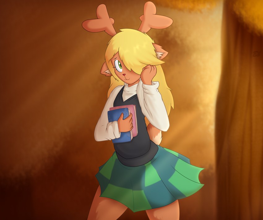 anthro antlers blonde_hair blue_book book bottomwear brown_body brown_fur clothing female forest freckles fur green_bottomwear green_clothing green_eyes green_skirt hair hair_over_eye holding_book holding_object horn long_hair one_eye_obstructed pattern_bottomwear pattern_clothing pattern_skirt pink_book plant red_nose skirt smile solo sweater topwear tree white_clothing white_sweater white_topwear bingbingo_(artist) deltarune undertale_(series) noelle_holiday deer mammal absurd_res hi_res signature