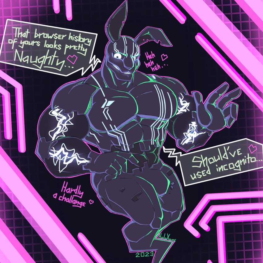 abs anthro biceps big_muscles bulge electricity glitch glowing glowing_eyes glowing_markings grin heart_symbol legless machine male markings muscular pecs purple_body smile smirk solo text unusual_anatomy holoxone five_nights_at_freddy's five_nights_at_freddy's:_security_breach five_nights_at_freddy's:_security_breach_ruin scottgames steel_wool_studios mxes_(fnaf) digital_creature lagomorph leporid mammal rabbit robot 1:1 2023 hi_res