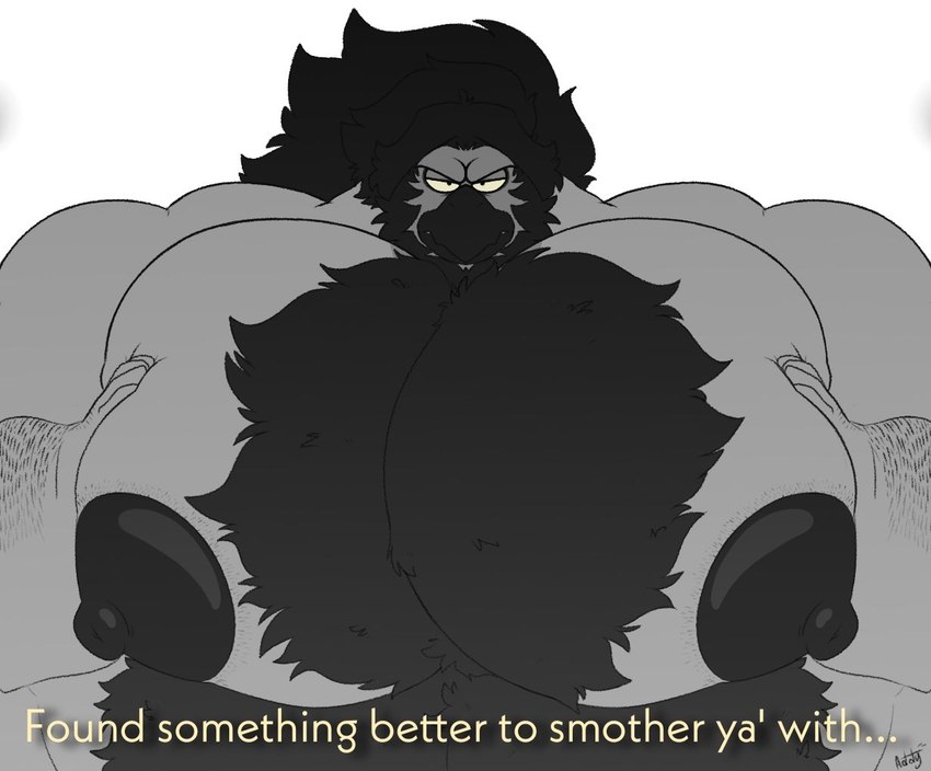 anthro big_muscles big_nipples big_pecs black_hair body_hair chest_hair chest_tuft hair huge_muscles huge_pecs hyper hyper_muscles hyper_pecs male muscular muscular_arms muscular_male nipples pecs solo text tuft addylizard roc_(amusebyanyothername) avian bird owl english_text