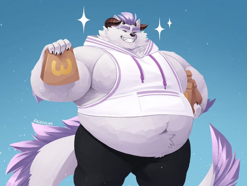 2_horns anthro barazoku belly belly_peeking_out big_belly clothing exposed_belly eyebrows fast_food food fur grin hair holding_food holding_object hoodie horn male moobs navel obese obese_anthro obese_male overweight overweight_anthro overweight_male paper_bag pecs purple_hair sleeveless_hoodie smile solo sparkles thick_eyebrows tight_clothing tight_topwear topwear white_body white_clothing white_fur white_hoodie white_topwear racesolar lifewonders tokyo_afterschool_summoners behemoth_(tas) monster 4:3 hi_res portrait three-quarter_portrait